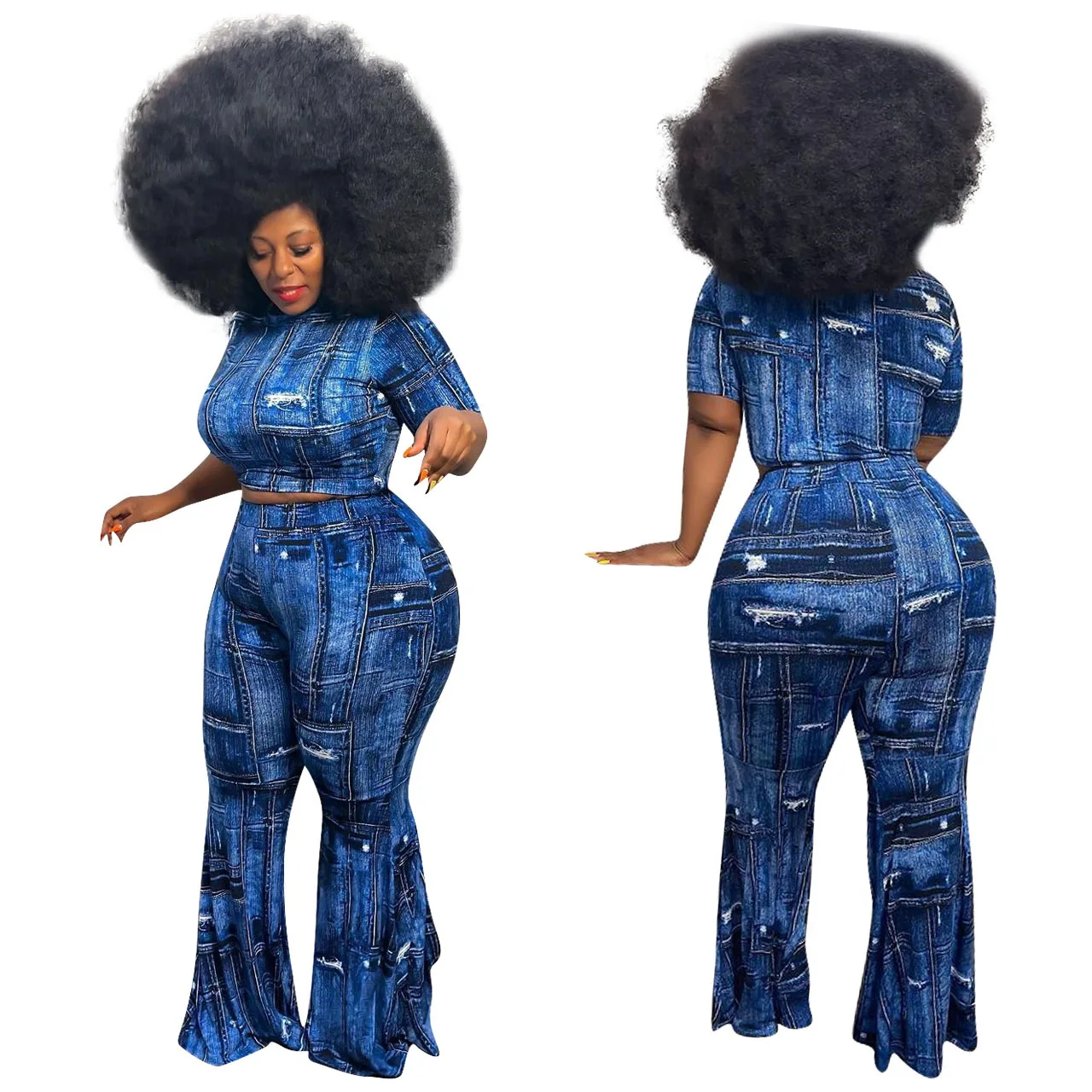 

2021 Plus Size Women Jean Print Short Sleeved Shirt Top Bell-bottom Pants Suit 2pc Set Jeans Sexy Large Size Jean Suits