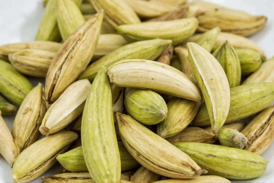 Close-up of green cardamom pods and seeds on wooden cutting board with measuring spoons