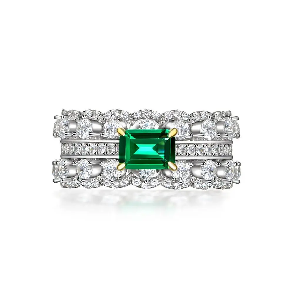 

S925 Sterling Silver Ring Jewelry Green Diamond Luxury Geometric Double Row Full Diamond Wedding Ring Jewelry Lady, Picture shows