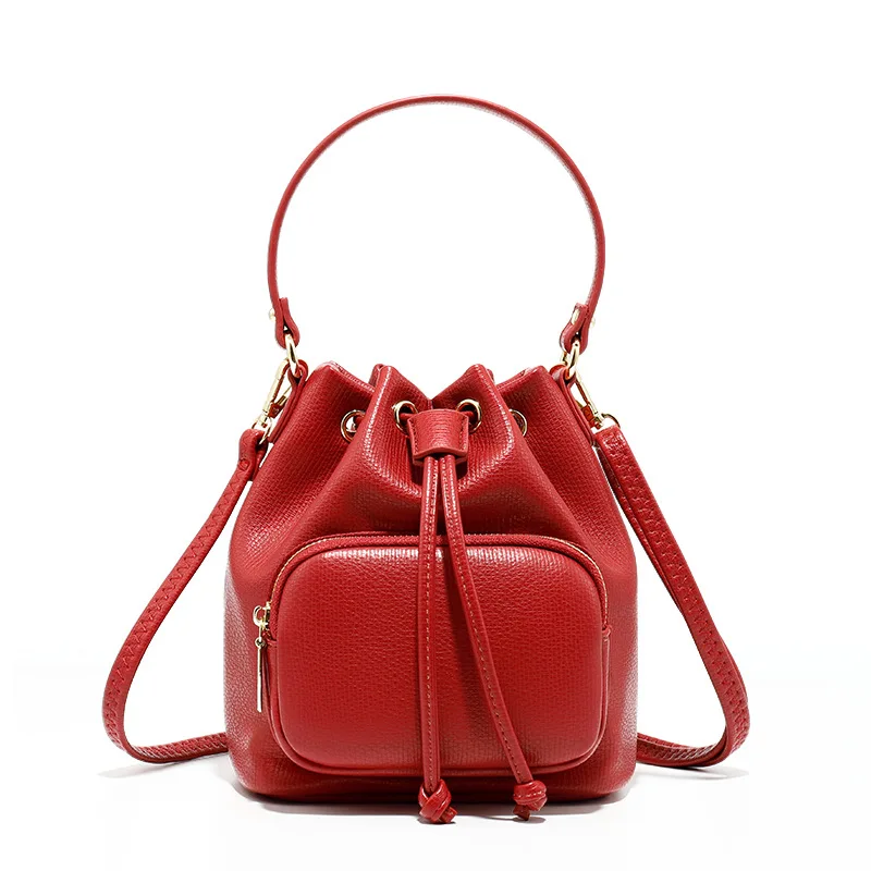

In stock 2020 Japan Korean style small women bucket tote bag fashion high quality PU leather string cross body ladies handbags, Black, pink, red, gray