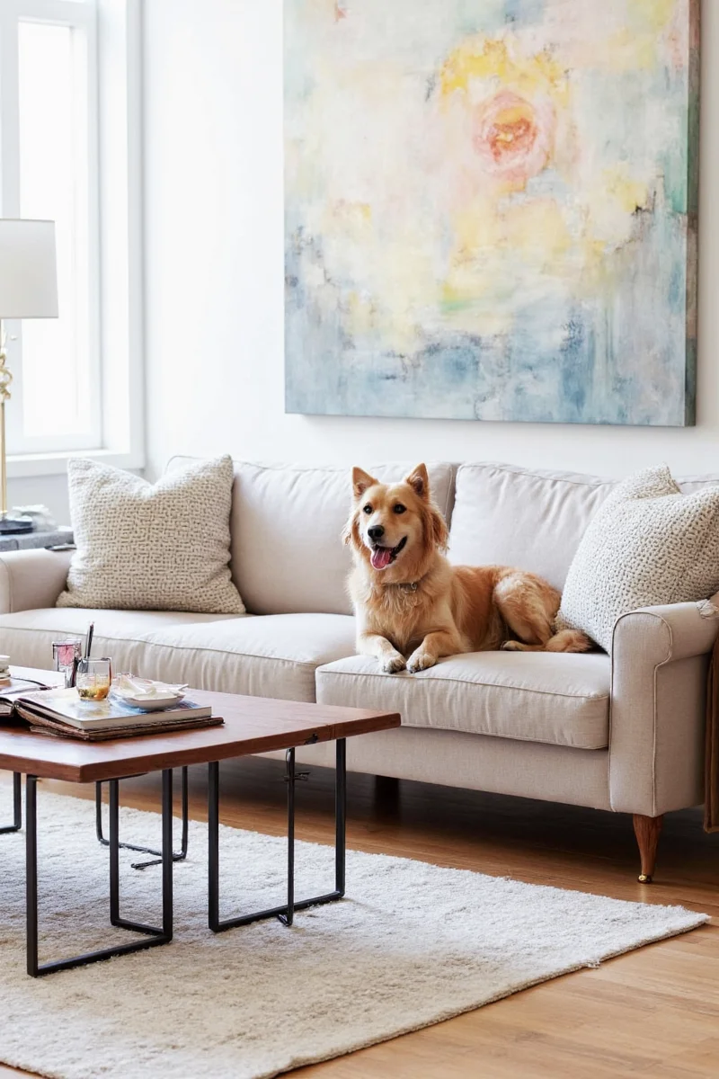Article Chester II velvet sofa in charcoal gray in a chic minimalist living room with a French bulldog napping nearby.