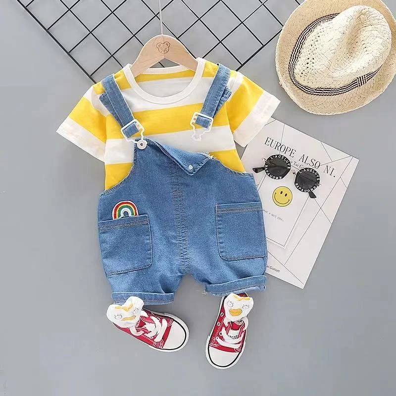 

0-5 years old children's new comfortable cotton striped short sleeve + handsome casual denim shorts baby suit