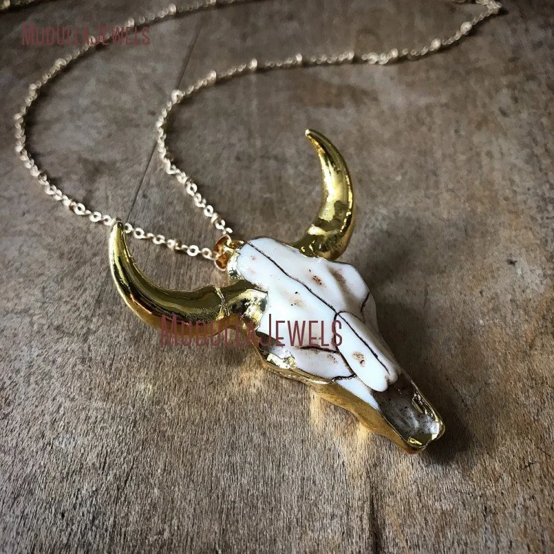 

NM11160 24K Gold Plated Clay Cow Skull with Chain Necklace, Bull Skull Pendant Necklace Cattle Ox Longhorn Necklace