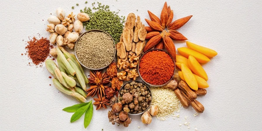 A colorful tray of Indian spices including turmeric, cumin, cardamom, coriander, and more.