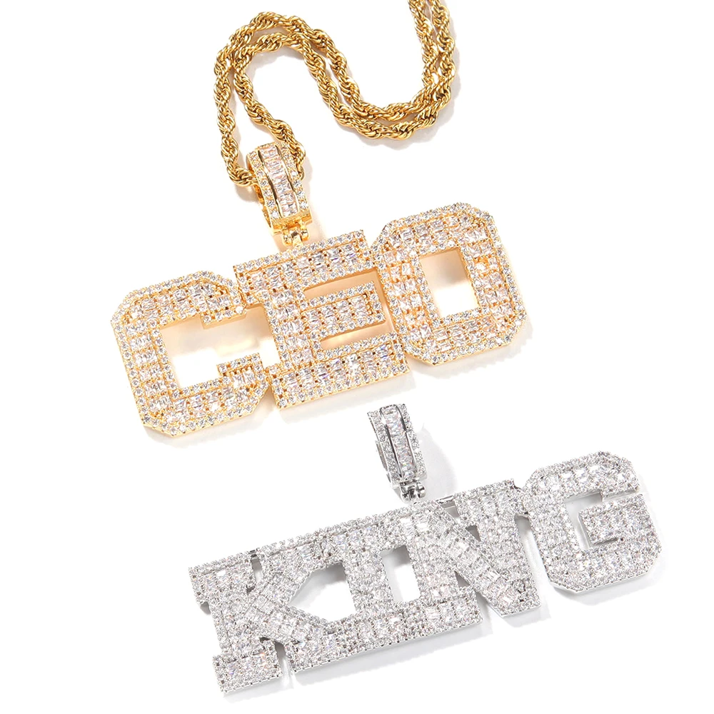 

HipHop Full Iced Out Cubic Zirconia Baguette 14K white Gold CEO Name Letter Pendant Necklace, Gold/silver