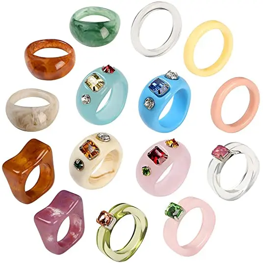

SC Girls Cute Candy Color Acrylic Finger Ring Handmade Inlay Diamond Adjustable Plastic Acrylic Chunky Resin Rings Women 2023