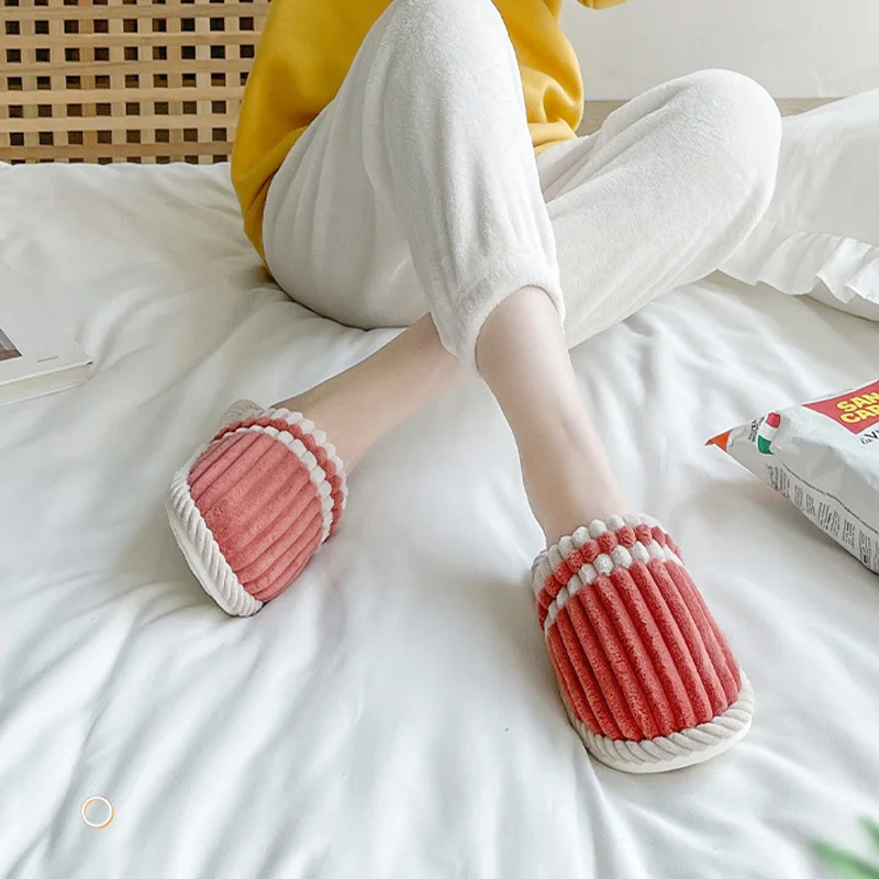 

2022 JOGHN Autumn winter new design striped color warm slippers female home couple delicate plush bedroom shoes in stock