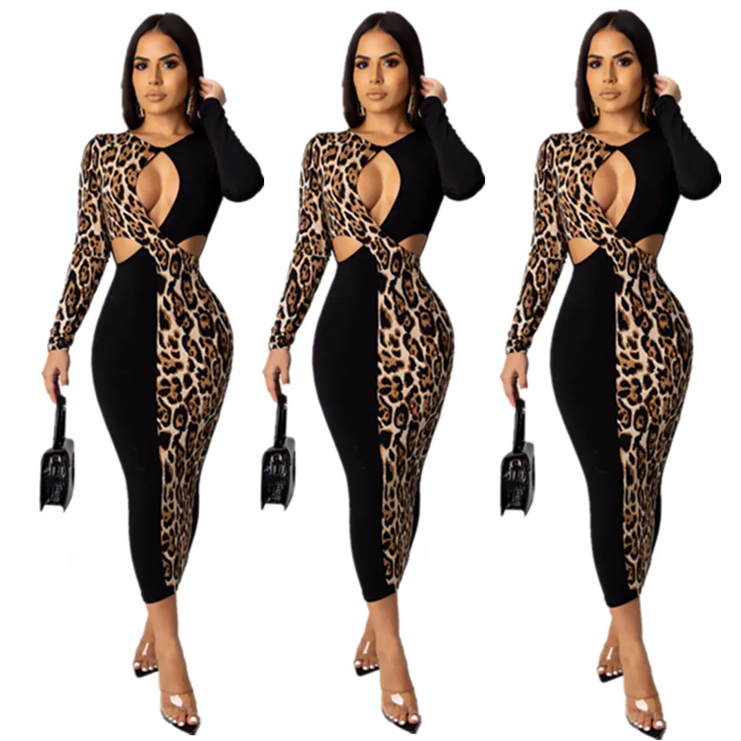 

New arrival Ladies long-sleeved leopard-print cut-out hollow soild color patchwork party club sexy dress FM-P8456, As pictures