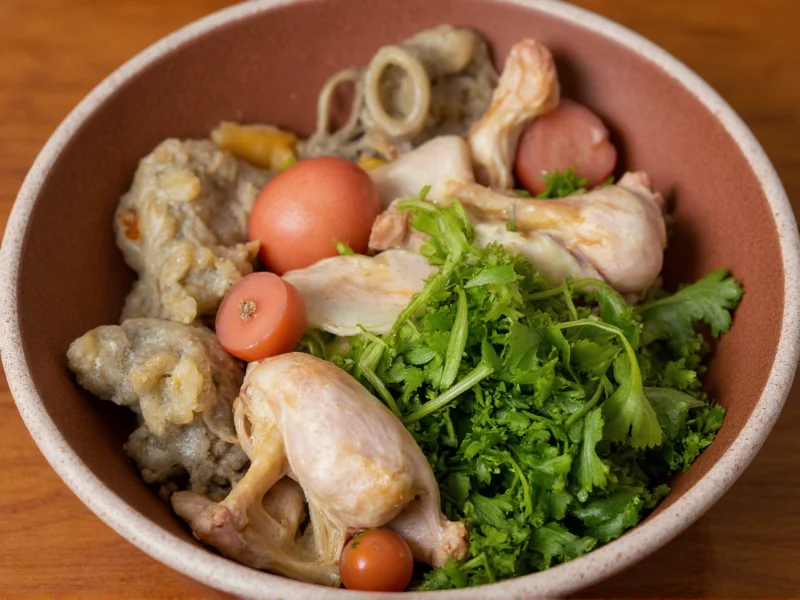 Fresh vegetables and chicken bones in ceramic bowl