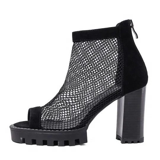 

Peep toe Mesh Sandals Women Summer Short Boots High Chunky Heels Women's Fishnet Ankles Boots Thick Sole Platform Shoes Ladies, Black