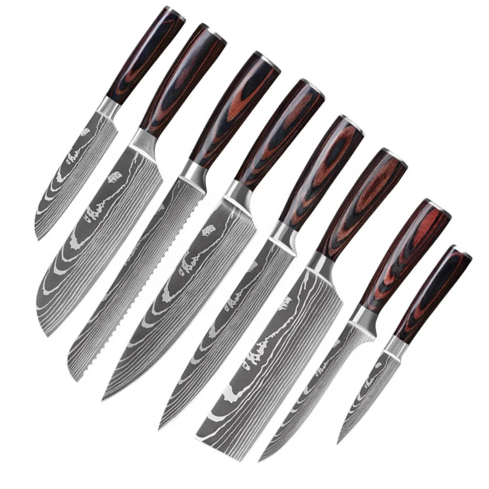 

8 PCS stainless steel Blades Damascus Laser Chef Santoku knives utility kitchen knife set