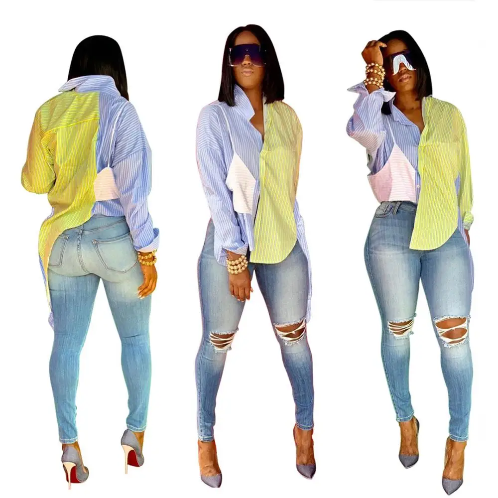 Women Fashion Strip Irregular Shirt Fashion Top Christmas Party Cute Long Sleeve Trendy Casual Stylish Western Shirts RS00088