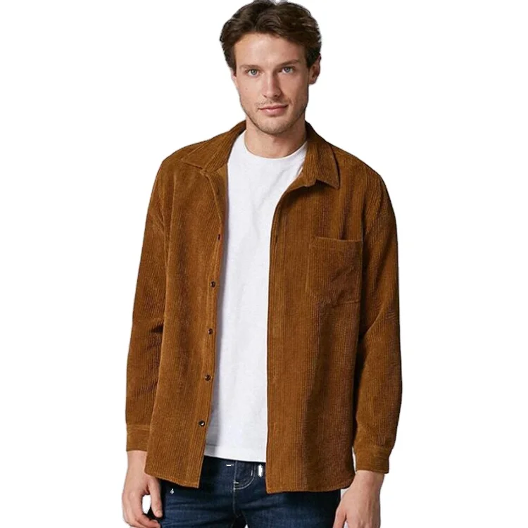 

2021 Mens Plain Style Corduroy Solid Color Casual Long Sleeve Shirts Turn-down Collar Pockets Shirts for Men Clothes