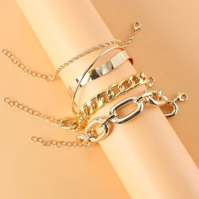 

New Arrival Gold Plated Smooth Twist Chain Bracelet 4Pcs/Set Geometric Square O Link Cuban Chain Bracelets Sets Party Gift