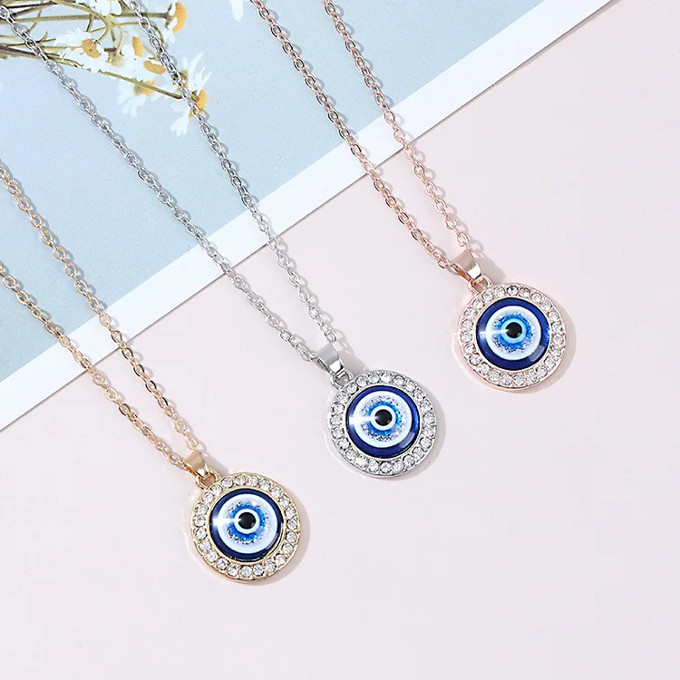 

Turkish evil eyes charm necklace crystal rhinestone round heart gold plated devil blue eye pendant necklace for women jewlery