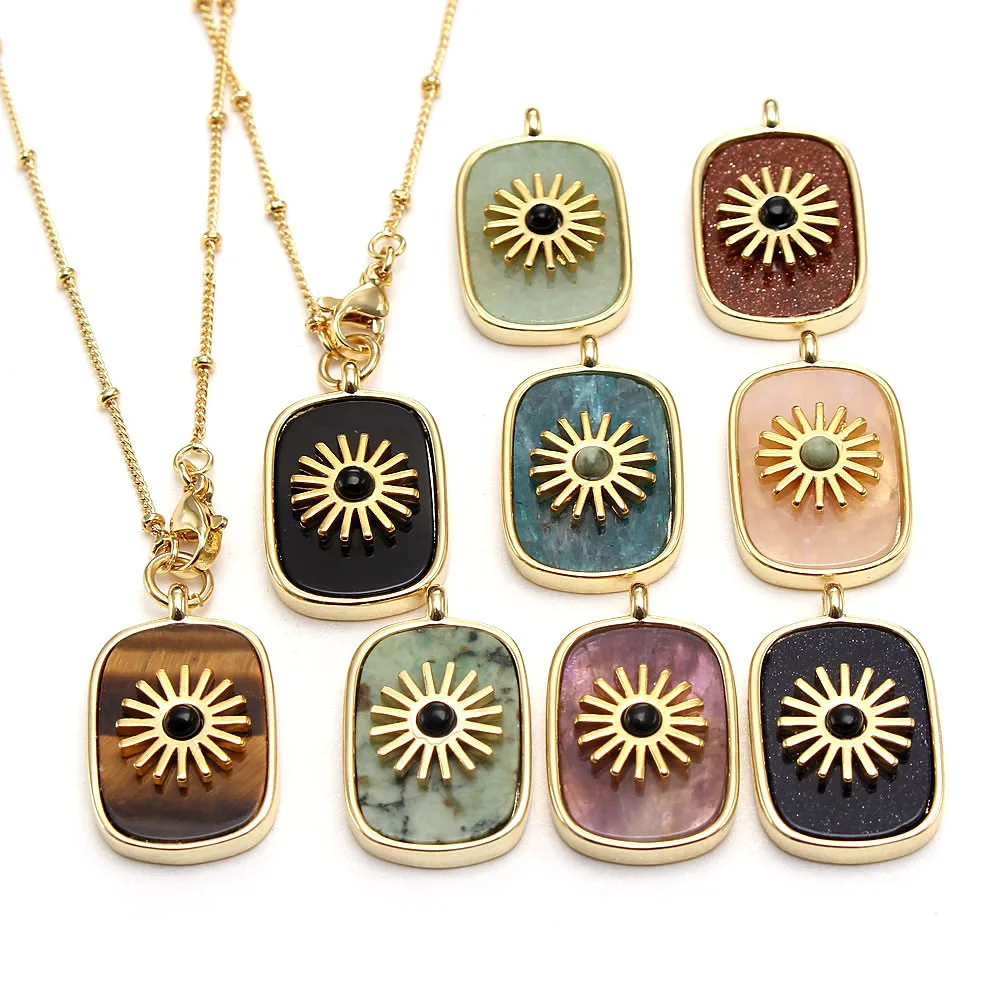 

MHS.SUN Fashion Natural Stone Pendant Necklace With Sunflower Rectangle Rings Charm Chain Necklace Jewelry Set For Women gifts, Gold