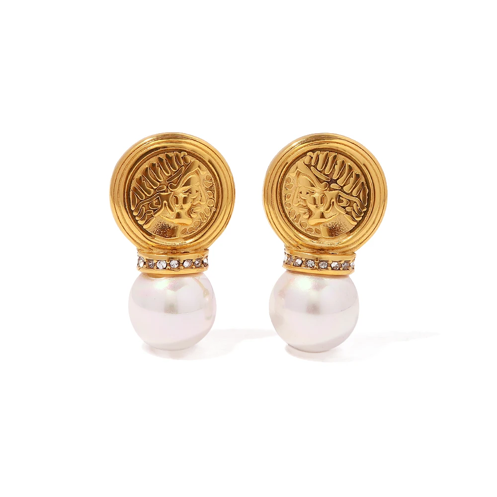 

18k Gold Plated Stainless Steel Pearl Green Agate Earrings Queen Elizabeth Coin Design Drop Earring