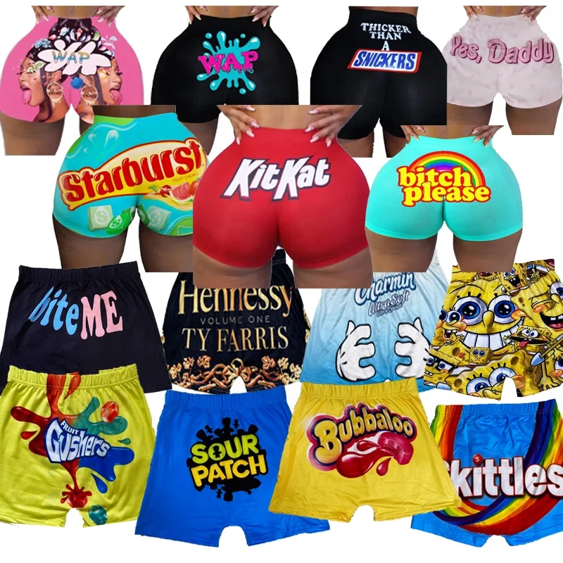 

Wholesale cheapest printed plus size women summer hot snack shorts candy sets snickers snack shorts, Picture showed