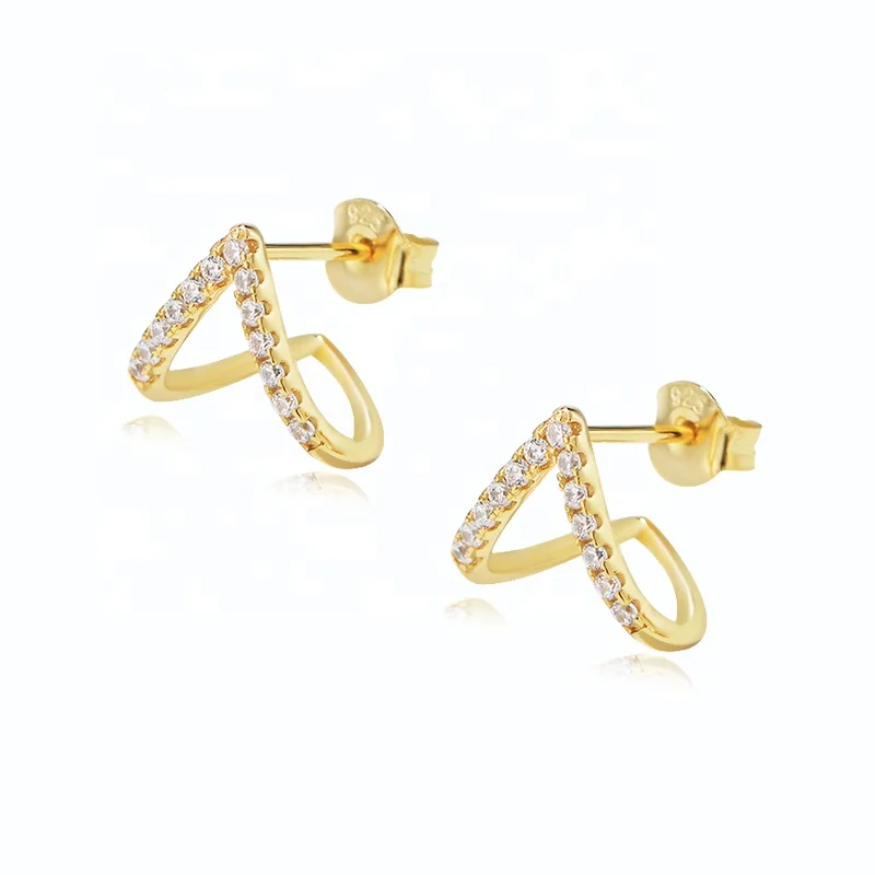 

fine wholesale simple bling Twisted psj S925 Sterling silver 14k gold plated Cubic Zirconia Stud Earrings for girls