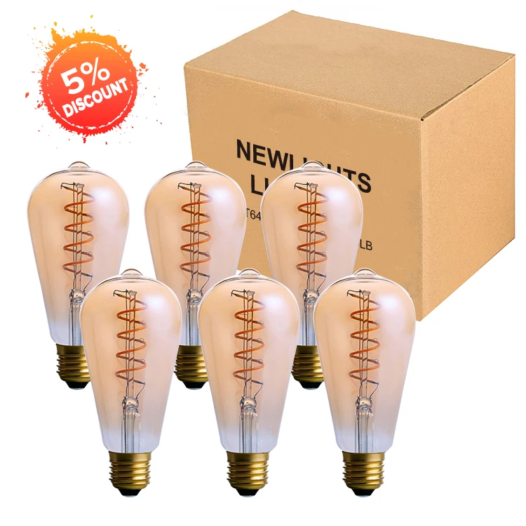 EU 6Pack Vintage E27 Edison Light Bulbs 40 Watts Equivalent ST64 Dimmable 4W LED Flexible Spiral Filament Decorative Light Bulbs