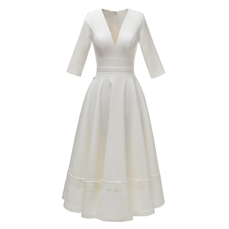 

100% Real Picture In Stock #1013 Tea Length Mid Calf Midi A-Line Satin Simple Wedding party Dress Pocket BRIDAL GOWN, Ivory/white