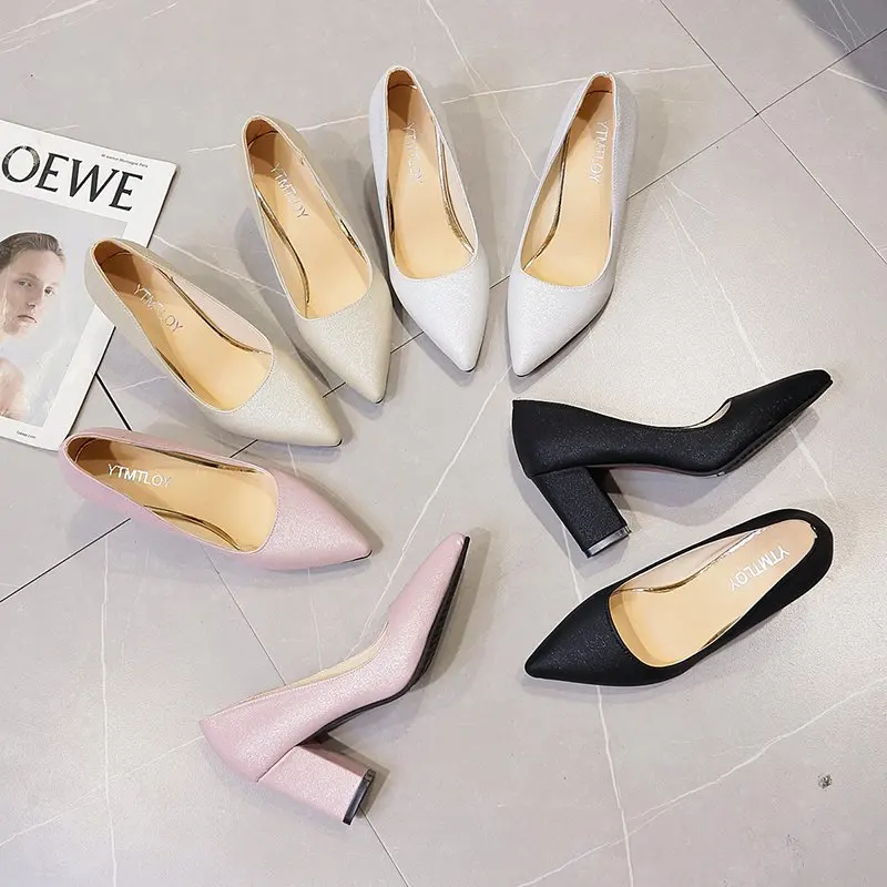 

34-43 New fashion pointed toe high heels thick heel single shoes women's shoes