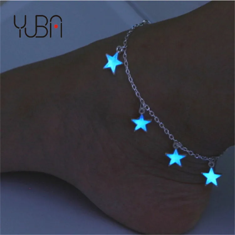 

luminous blue pentagonal star beach tassel anklets for girls, Multicolor