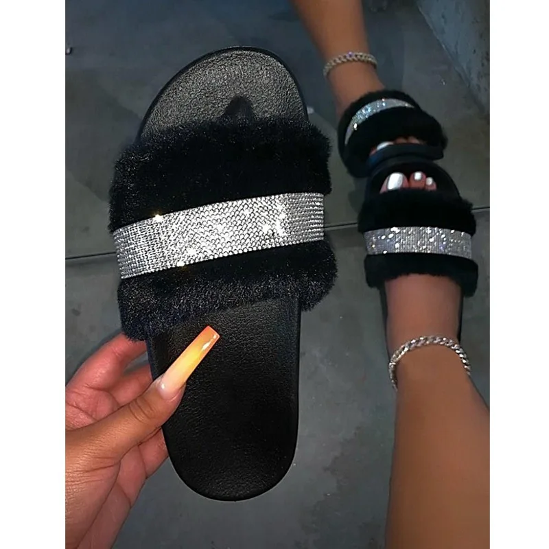 

JANHE 2021 fashion chausson Selipar sendal wanita Fur Slippers Summer Diamond Slides Ladies Platform Sandals For Women, 5 colors