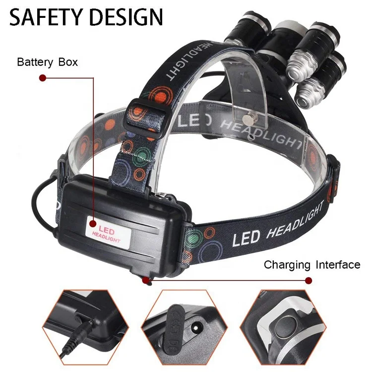 
Hunting Camping Mining Security Rechargeable 5 Led Headlamp 