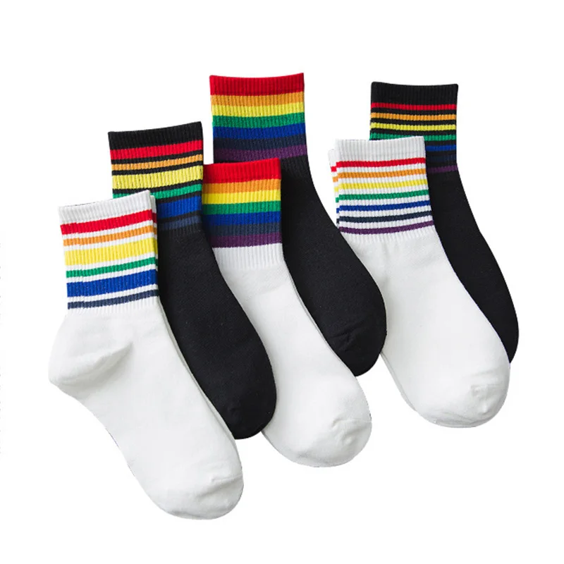 

Low MOQ Wholesale Daily Wear Student Rainbow Fashion Striped crew Couples women socks