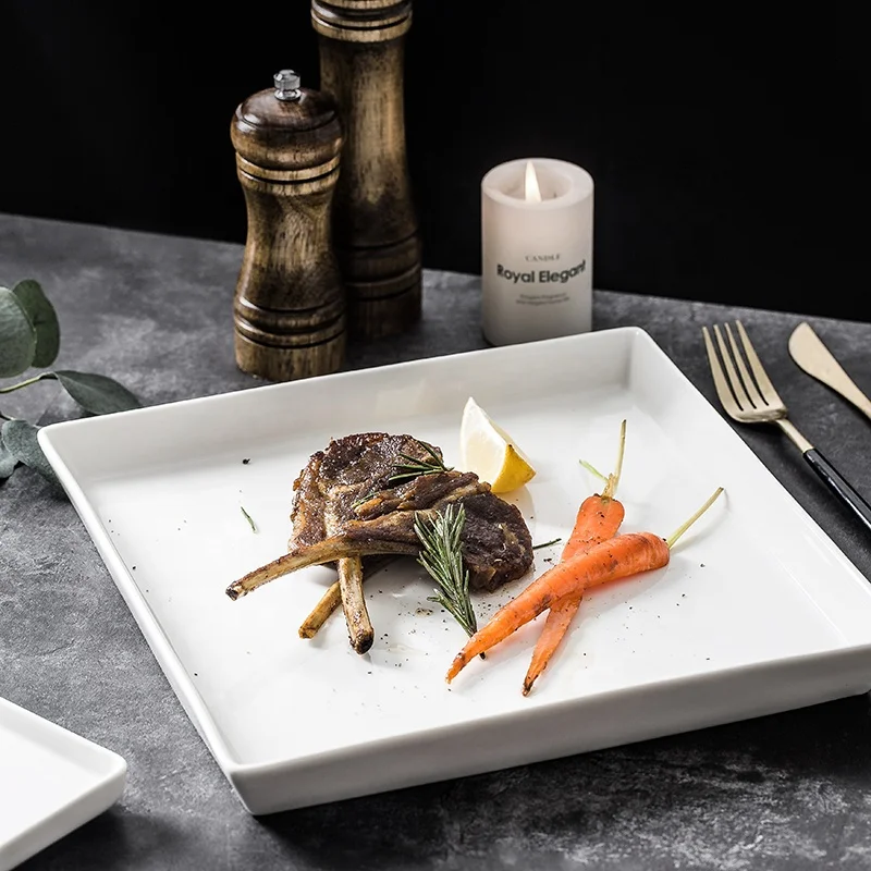 

Simplicity Ceramic White Glaze Plate Porcelain Square Shape Dinnerware Steak Plate