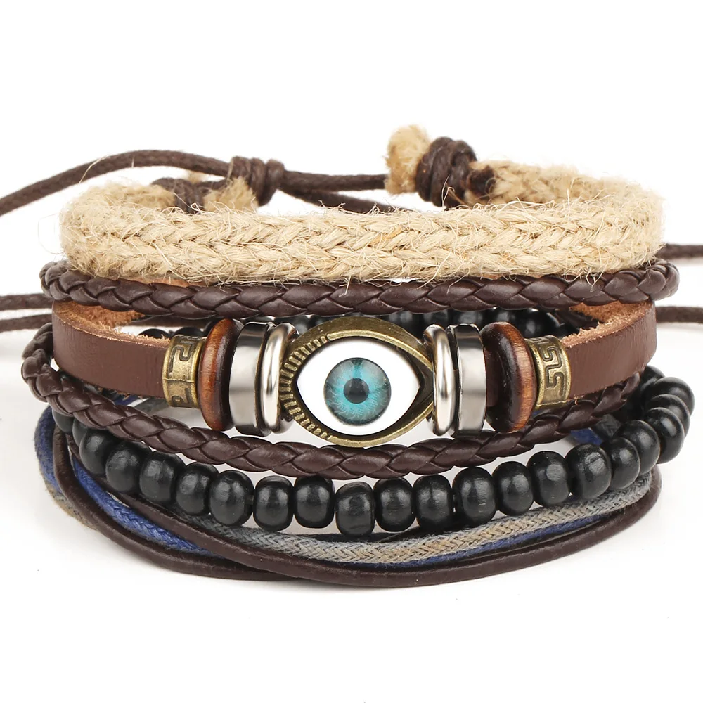 

Vintage Adjustable Braided Plain Beads Multi Layer Wristbands Evil Eye Leather Bracelet Men Fashion For Charm Jewelry Handmade