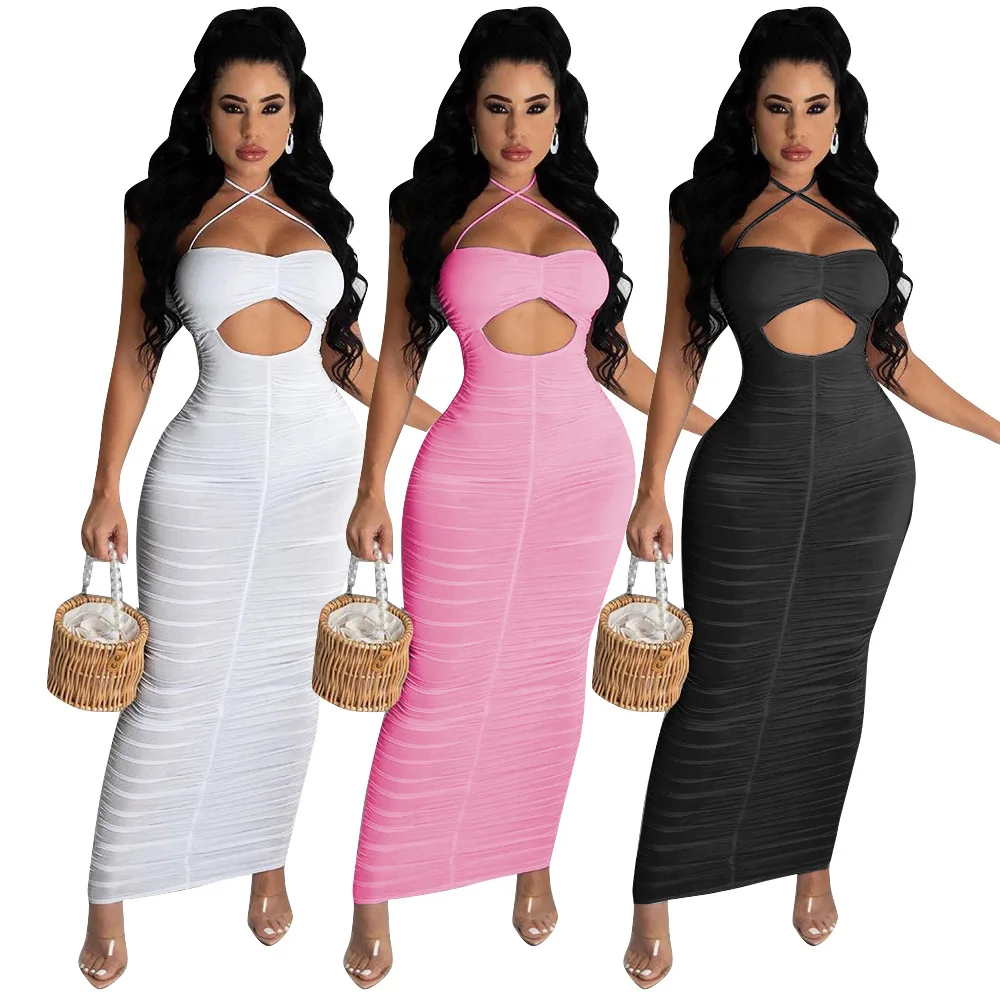 

2021 Summer new Style sexy ladies fashionable dresses Monochrome sling pleated dress long casual dresses, Picture color