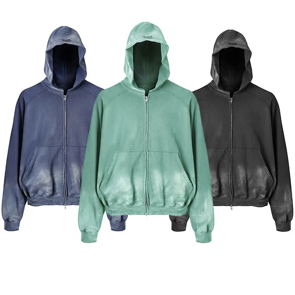 2024 Streetstyle 480gsm Hoodie Designer Acid Wash Distressed Embroidery Hoodie Premium Quality Acid Wash Hoodie Zip