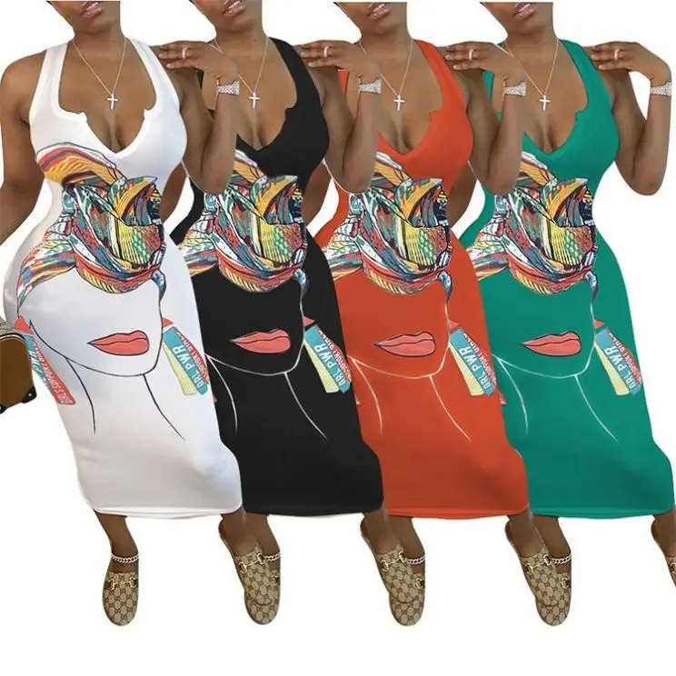 

07099KYC Latest design v neck pattern print sexy bodycon tank dress Women Girls' Clothes Lady Elegant Summer Casual long Dress