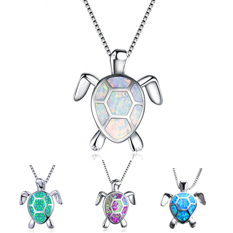

Cute Turtle White/Blue/Green/Purple Fire Opal Pendant Necklaces for Women 925 Silver Necklace Animal Jewelry