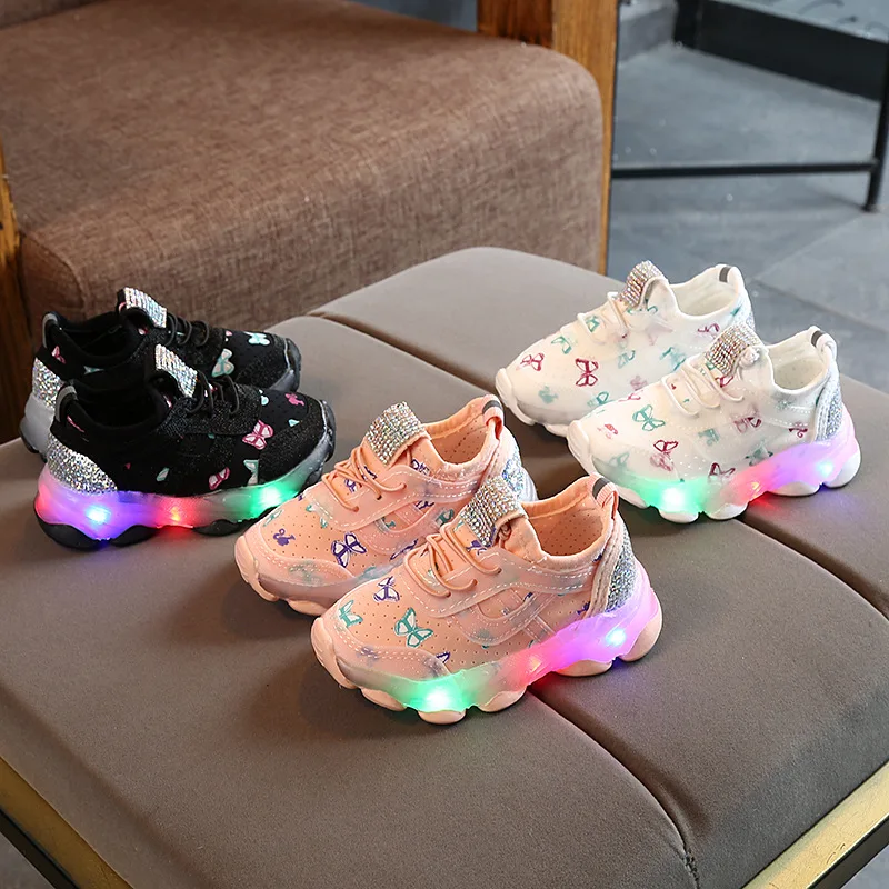 

Lace Up Rhinestone Unique Luminous Soft Bottom Children Kid Toddler Glowing Baby Led Shoes For 3 Years Old Toddler