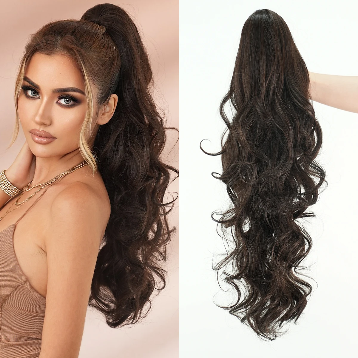 28 Inch Claw ClipNatural Brown Synthetic Ponytail Hair Extensions Wavy Curly Cabello De Cola De Caballo Heat-resistant Fiber