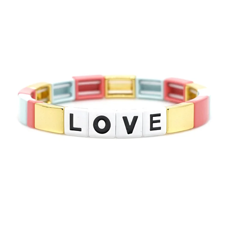 

BM2011 New 2019 Popular Enamel Rainbow Brite Alphabet Love Enameled Crush Colorful Tile Elastic Bracelet