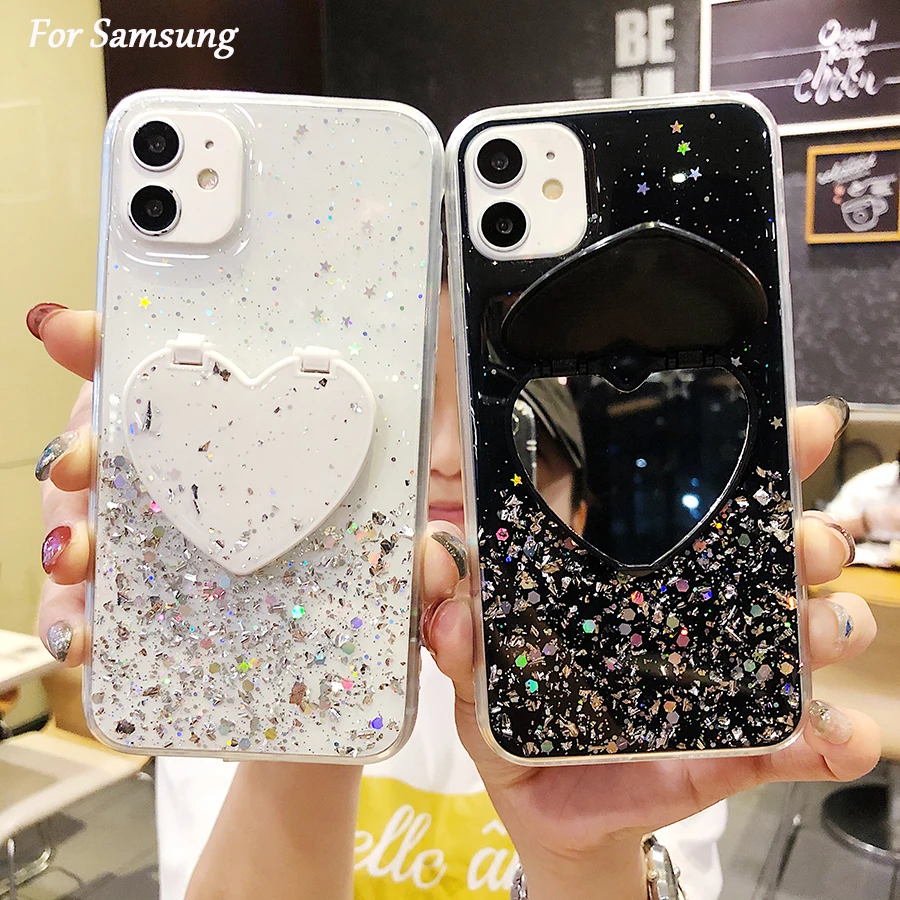

Phone Case For Samsung Galaxy S20 S10 S9 Plus Note 10 A51 A71 A91 A01 A21 A31 A30 A50 A70 Bling Glitter Heart Mirror Holder Case