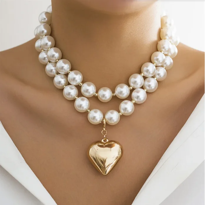 

Multilayer Elegant big Imitation Pearl Chain Necklace for Women Vintage metal gold color Love Heart Pendant Choker Jewelry Wed
