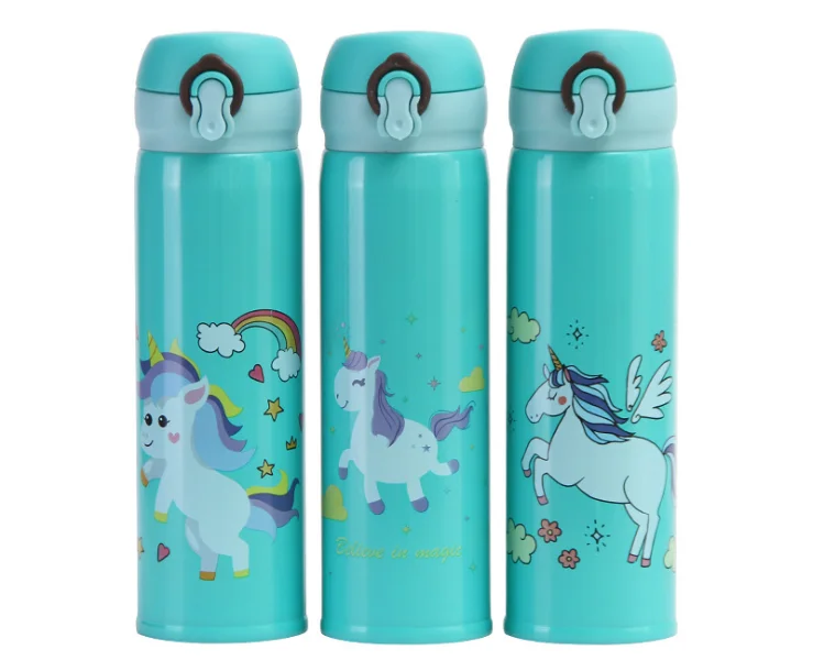 

350 500ml Stainless Steel flamingo carton water Bottle Coffee Bottles Cute Travel Vacuum unicorn thermos with lock lid for kids, Customized plastic thermos