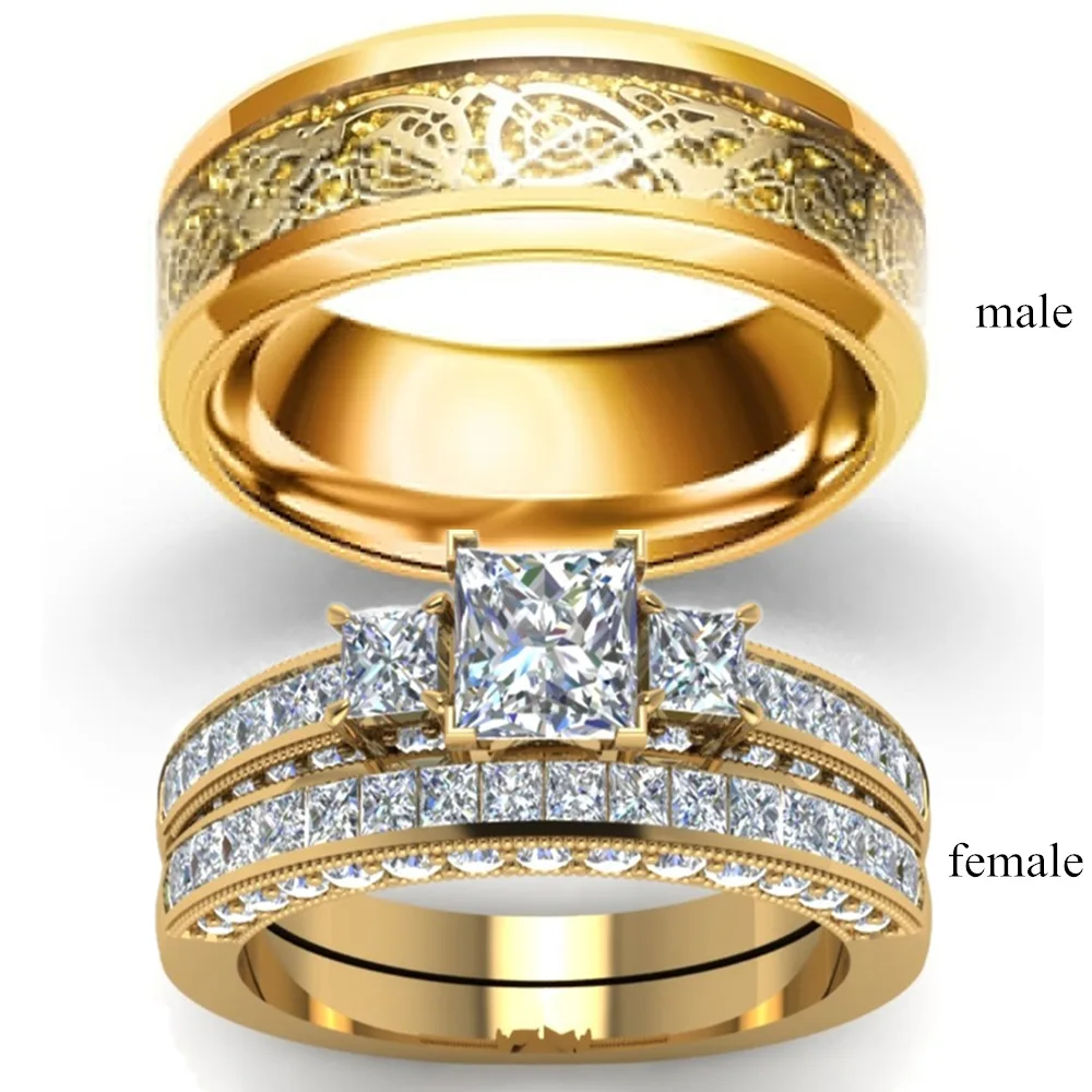 

2pcs 18k Gold Plate Crystal Square Cubic Zirconia Wedding Rings Dragon Design Stainless Steel Couple Ring set