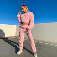

R10430S Women's new solid color round neck long sleeves sweater suit