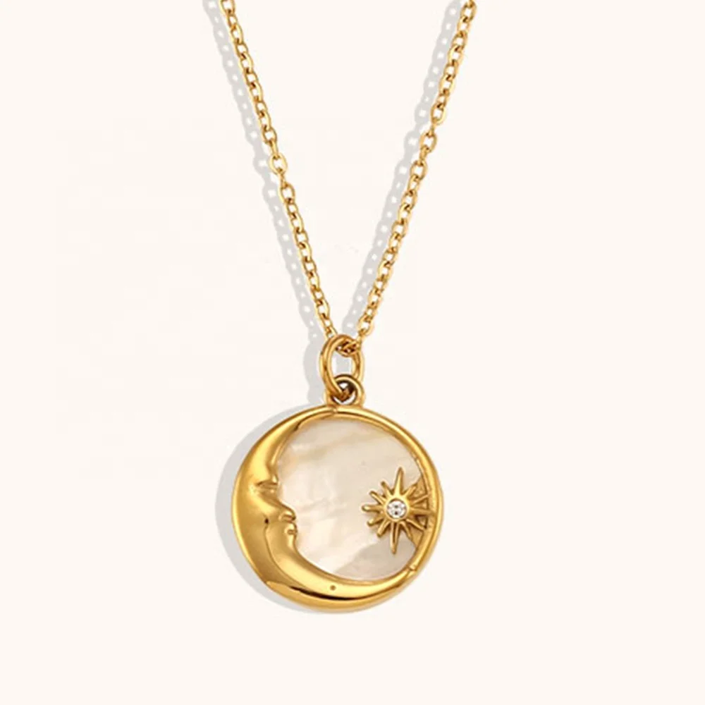 

Drop shipping Natural Shell Moon Star Pendant Necklace 18k Gold Plated Stainless Steel Jewelry Dainty Necklace