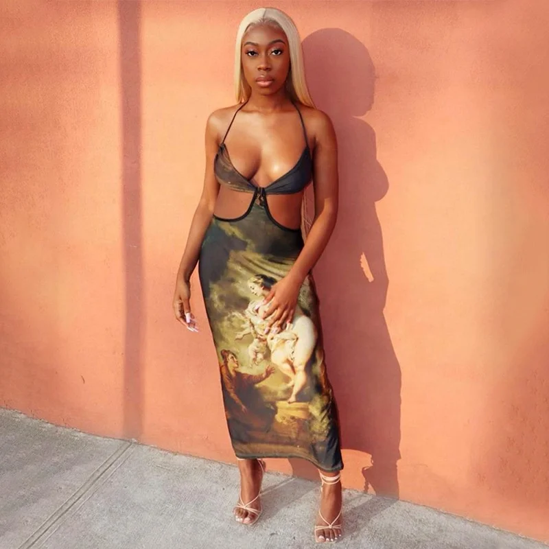 

Wholesale Summer New Fashion Hollow Print Long Skirts Sexy Open Back Dresses, Customized color