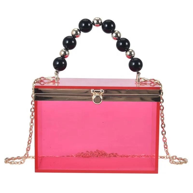 

2021 Summer Clear Transparent Ladies Bag Purse Cross Chain Shoulder Pearl Handle Bags Woman Fashion Mini Handbag Box