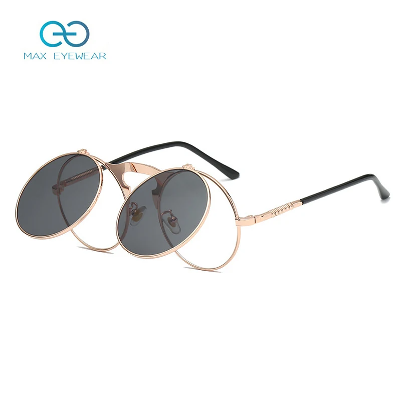 

2020 Men Steam Punk Round Sun Glasses Vintage UV400 Flip up Lens Sunglasses Fashion Sunglasses Unisex Mirror PC Alloy, Pink brown black glod