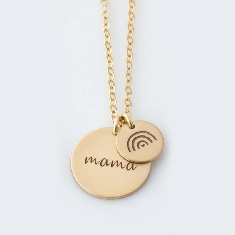 

Stainless Steel Statement Jewelry Personalized Mom 18k Gold Engraved Rainbow Mama Round Pendant Necklace For women