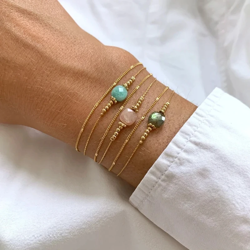 

Natural rose quartz amazonite labradorite beads bracelet gold chain link double layer bracelet